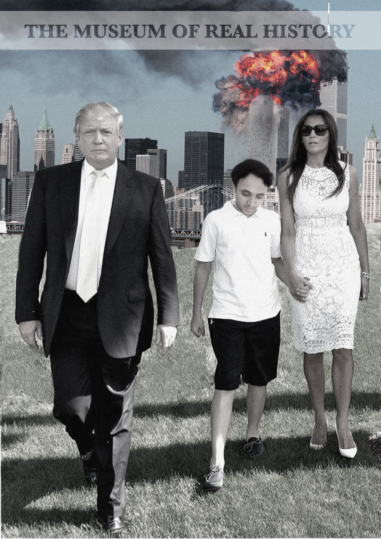 Melania Trump holding AJ's hand, twin towers in the back. From the exhibition Borderline Offensive: The Museum of Real History. Photo: Melania Trump holding AJ's hand, twin towers in the back. From the exhibition Borderline Offensive: The Museum of Real History. Courtesy of Borderline Offensive. Photo.