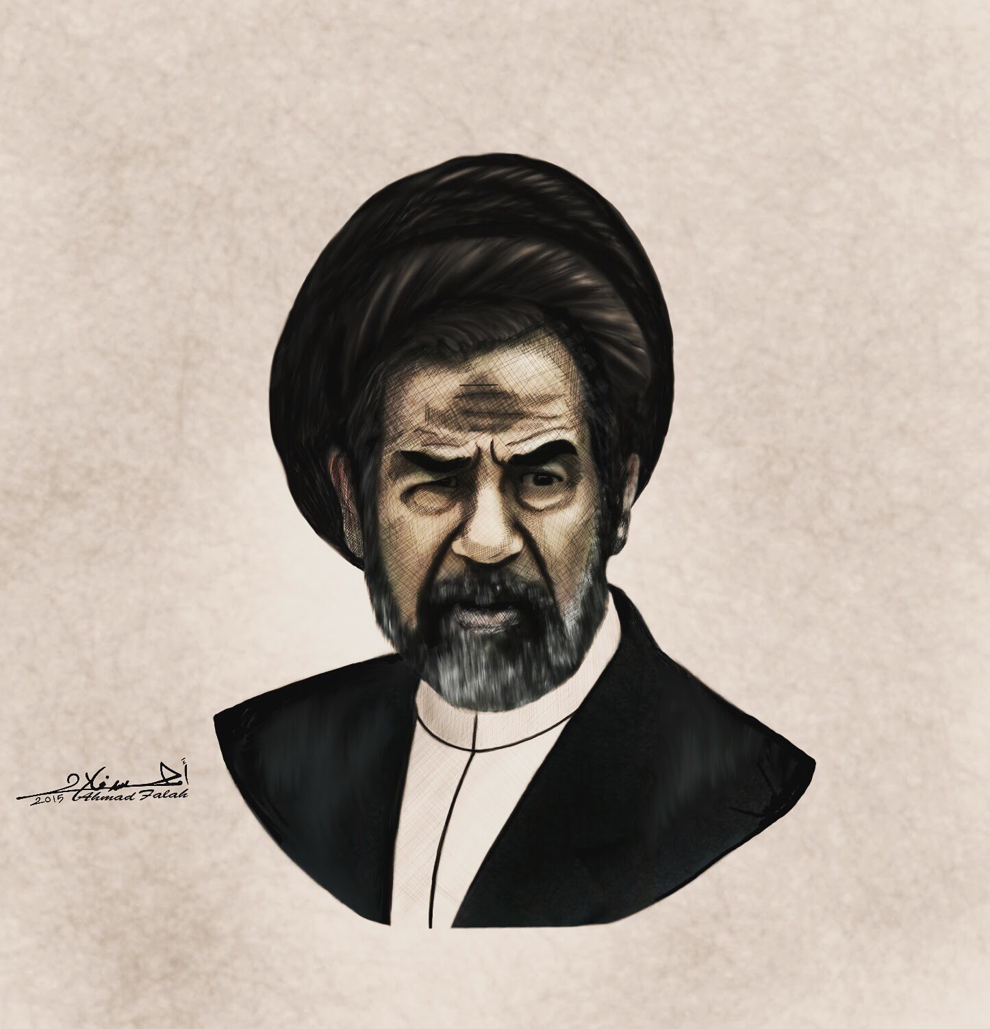 Iraqi artist, political cartoonist's Ahmad Falah's depiction of Saddam wearing the turban of a cleric, with a prayer bump on the forehead, mockingly showing his dedication to prayer. Photo.
