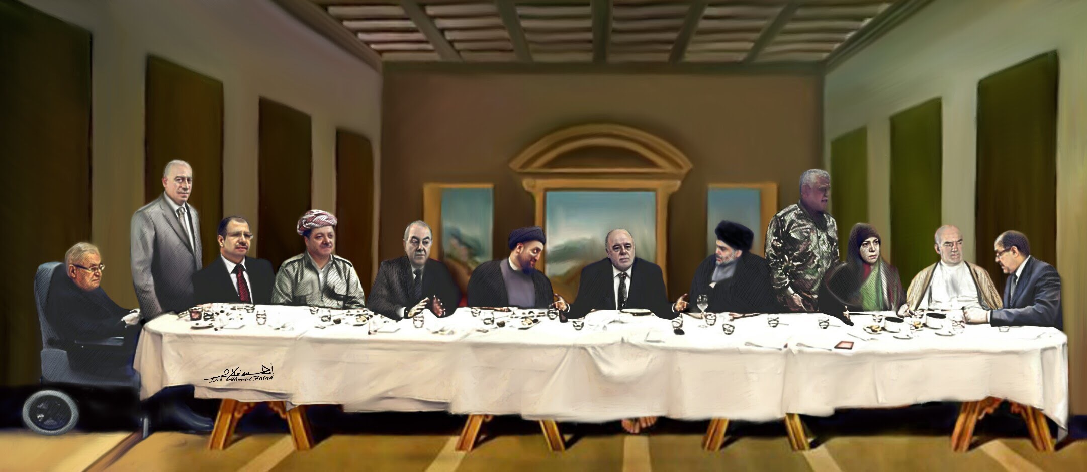 Ahmed Falah's parody of Leonardo da Vinci’s The Last Supper, Falah posted his work a day before Shia cleric Muqtada Al Sadr’s ultimatum to PM Haider Abadi and parliament session was over, suggesting that their meeting that night to reach a solution over the reforms could be their last one. Many Iraqi Christians reacted to this art piece and for a while caused facebook to suspend Falah's account. Photo.