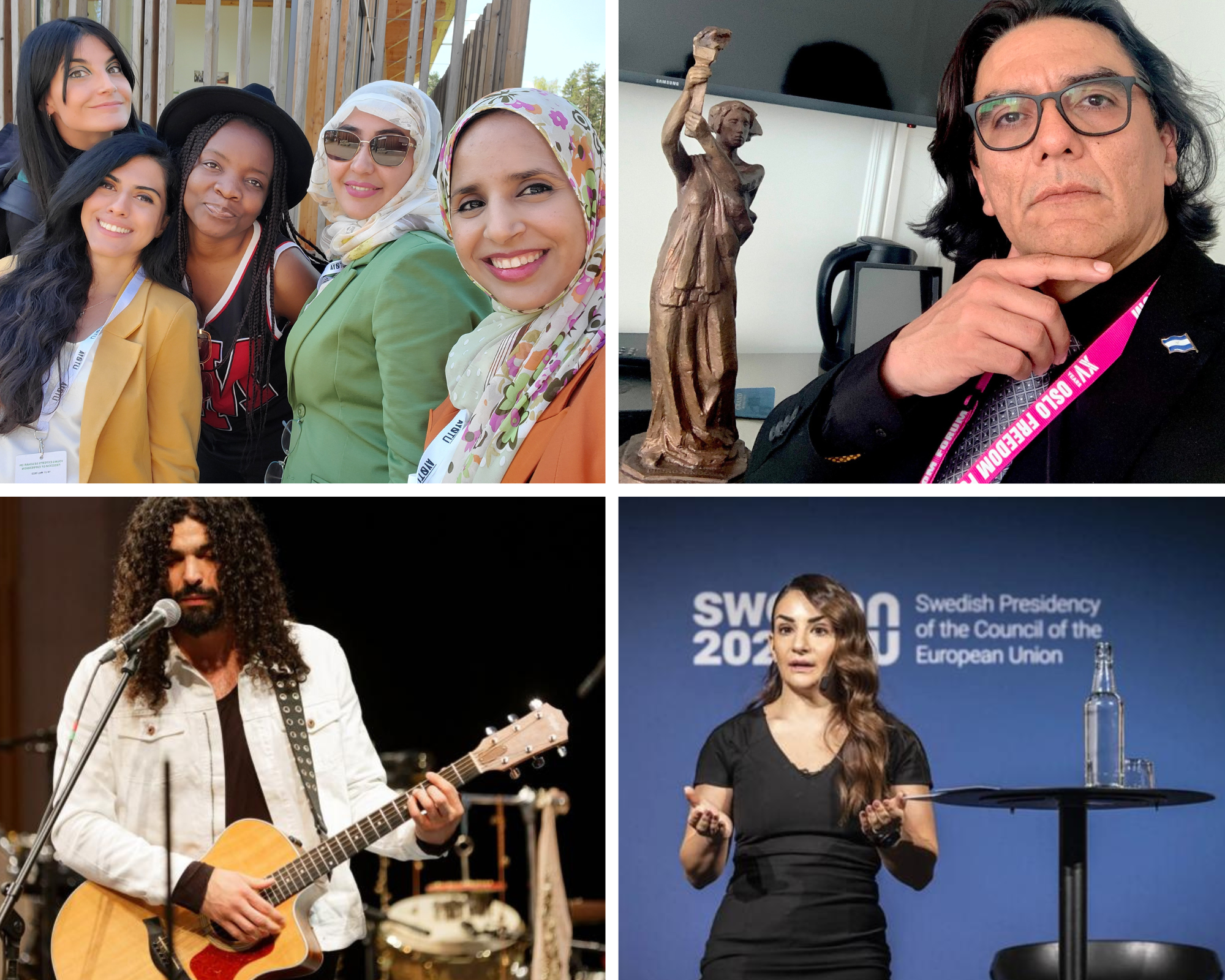 Some of 2023’s highlights in photos. Top left: Atefe Asadi and Hayat Al-Sharif, together with other participants at the WEXFO Youth. Photo: Private; Pedro Molina with the 2023 Václav Havel International Prize for Creative Dissent. Photo: Private. Bottom left: Ramy Essam. Photo: H.Garat JB. Gurliat. Parisa Liljestrand, Swedish Minister of Culture, Photo source: Swedish Presidency of the Council of the European Union.