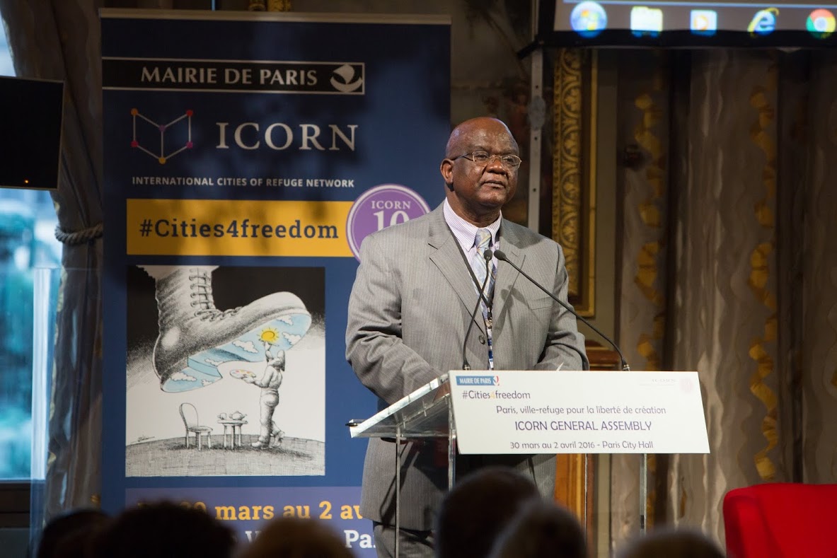 Felix Kaputo, speech at the ICORN General Assembly and 10th anniversary in Paris March 2016. Photo.