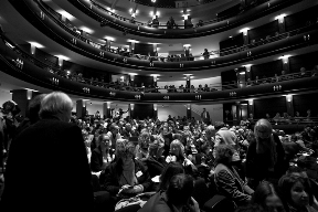 The crowds are gathering in anticipation of the Letters to Europe performance at the KVS theatre on Friday 25 March