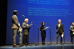 Among the writers performing at the Letters to Europe event on Friday night (from left to right): Sasa Stanisic, Pierre Mertens, Pegah Ahmadi, John Ralston Saul and Salem Zenia