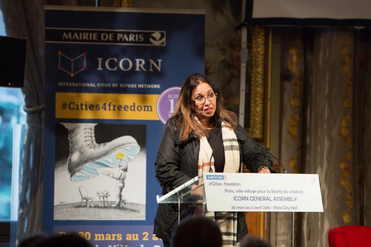 Sonali Samarasinghe speaking at the opening of the ICORN General Assembly in Hôtel de Ville in Paris 30 March 2016. © H.Garat JB. Gurliat. Photo.