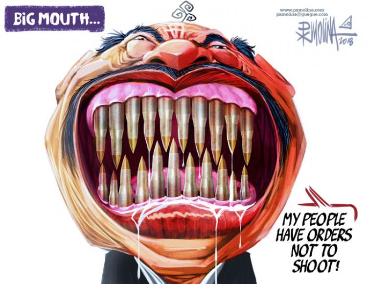 Big Mouth - orders not to shoot. Cartoon by Pedro X. Molina. Photo.  