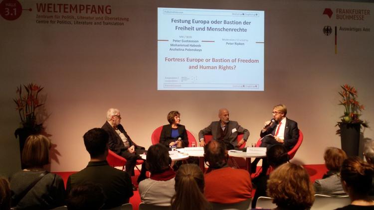 Debate at the Frankfurt Bookfair 2016 titled Fortress Europe vs Bastion of freedom and human rights. From left: Peter Ripken (Frankfurt, former ICORN Board Chair), ICORN writer in Frankfurt Anzhelina Polonskaya, ICORN writer in Stavanger Mohammad Habeeb and Peter Gustavsson (City Counciller of Culture in Uppsala City of Refuge). Photo.